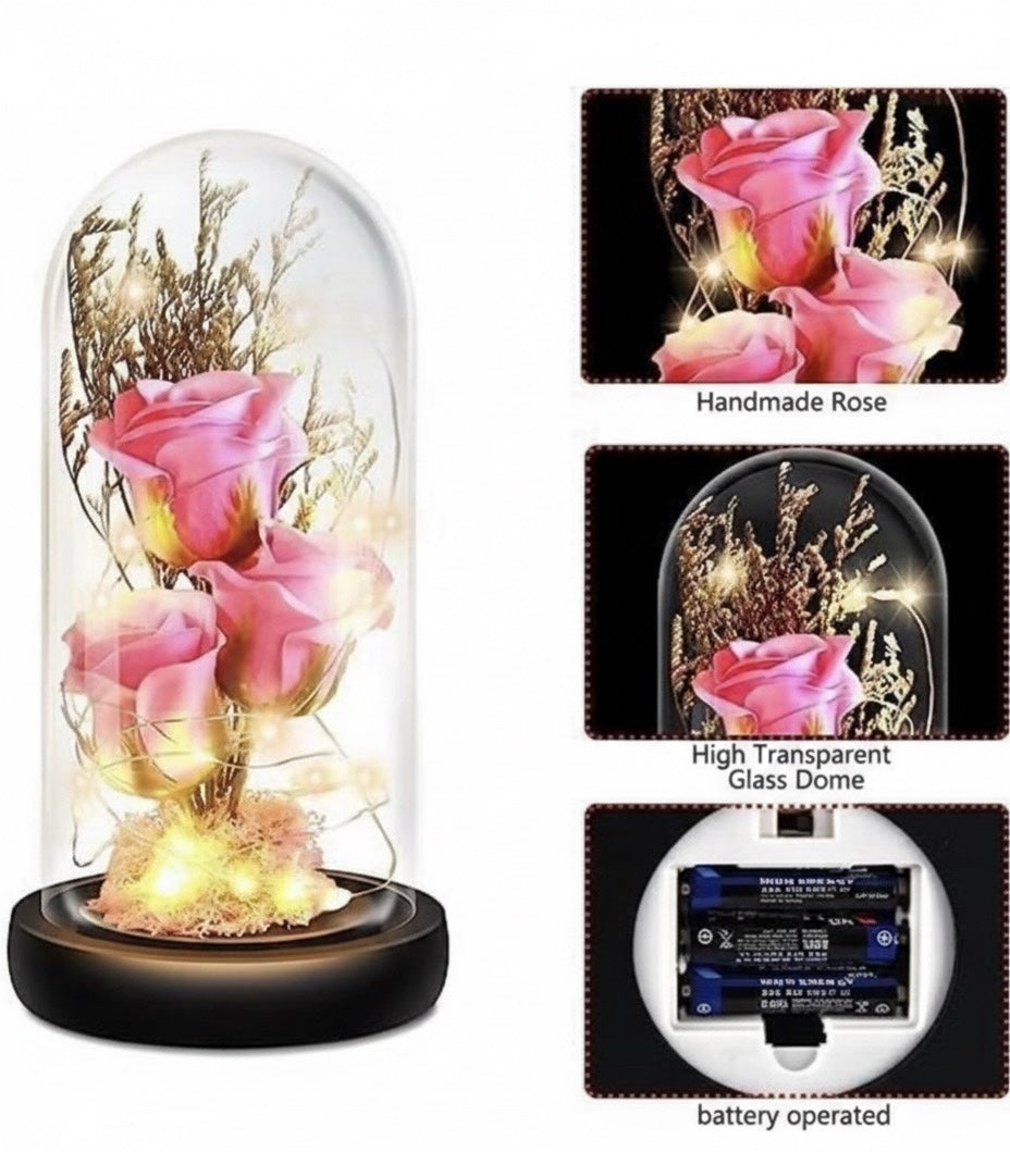 Enchanted Rose Glass Dome with LED Lights - Handmade Preserved Flower Display